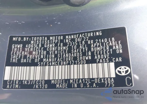 2022 Toyota Corolla Se из США, поврежденный, VIN 5YFS4MCE8NP121500